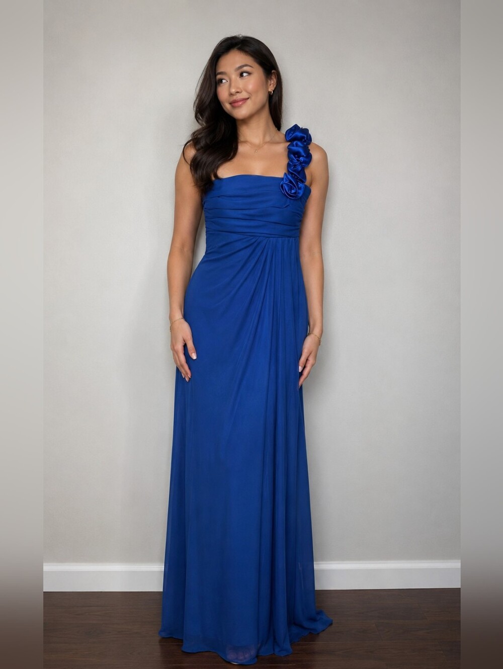 Cindy U.S.A. Royal Blue One Shoulder Maxi Dress Satin Rosette Juniors Size S